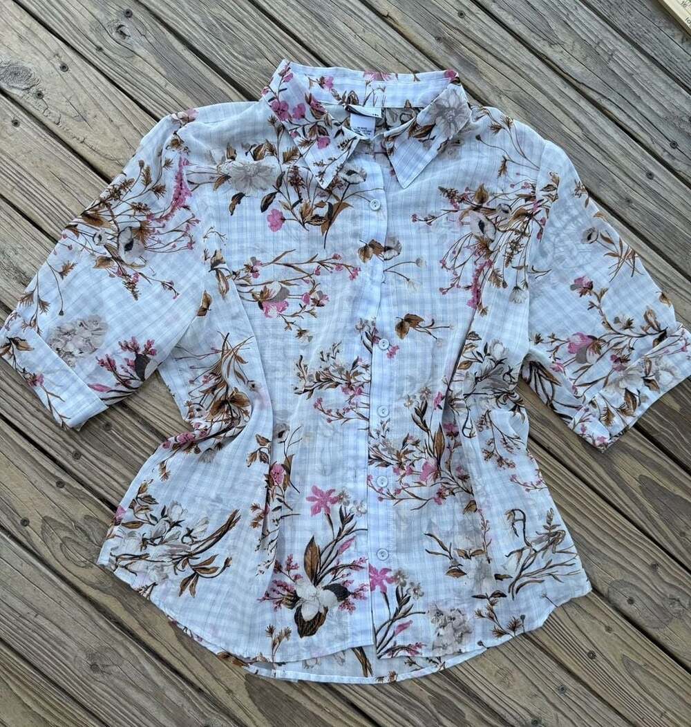 Bon Worth Floral Gingham Button Down Lurex Stripe Blouse LP